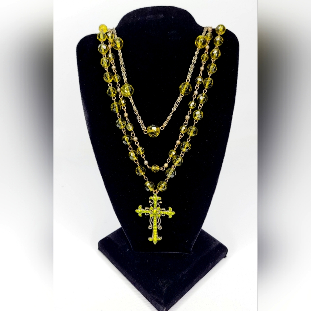 Glass Beaded Triple Strand Cross Pendant Necklace